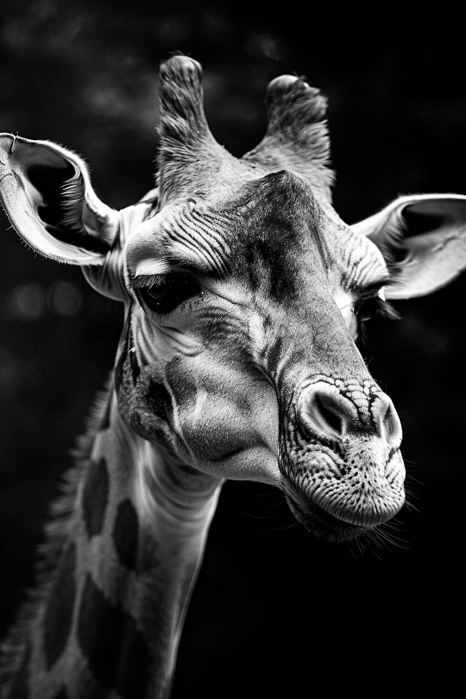 nature close-up black and white animal head animal giraffe mammal — free black and white photo