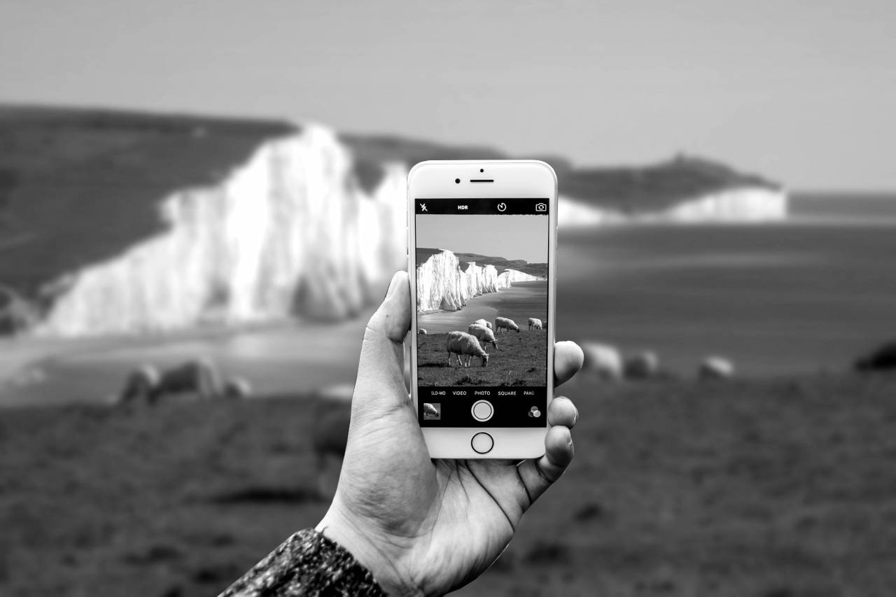   smartphone  hand  apple  landscape  — free black and white photo
