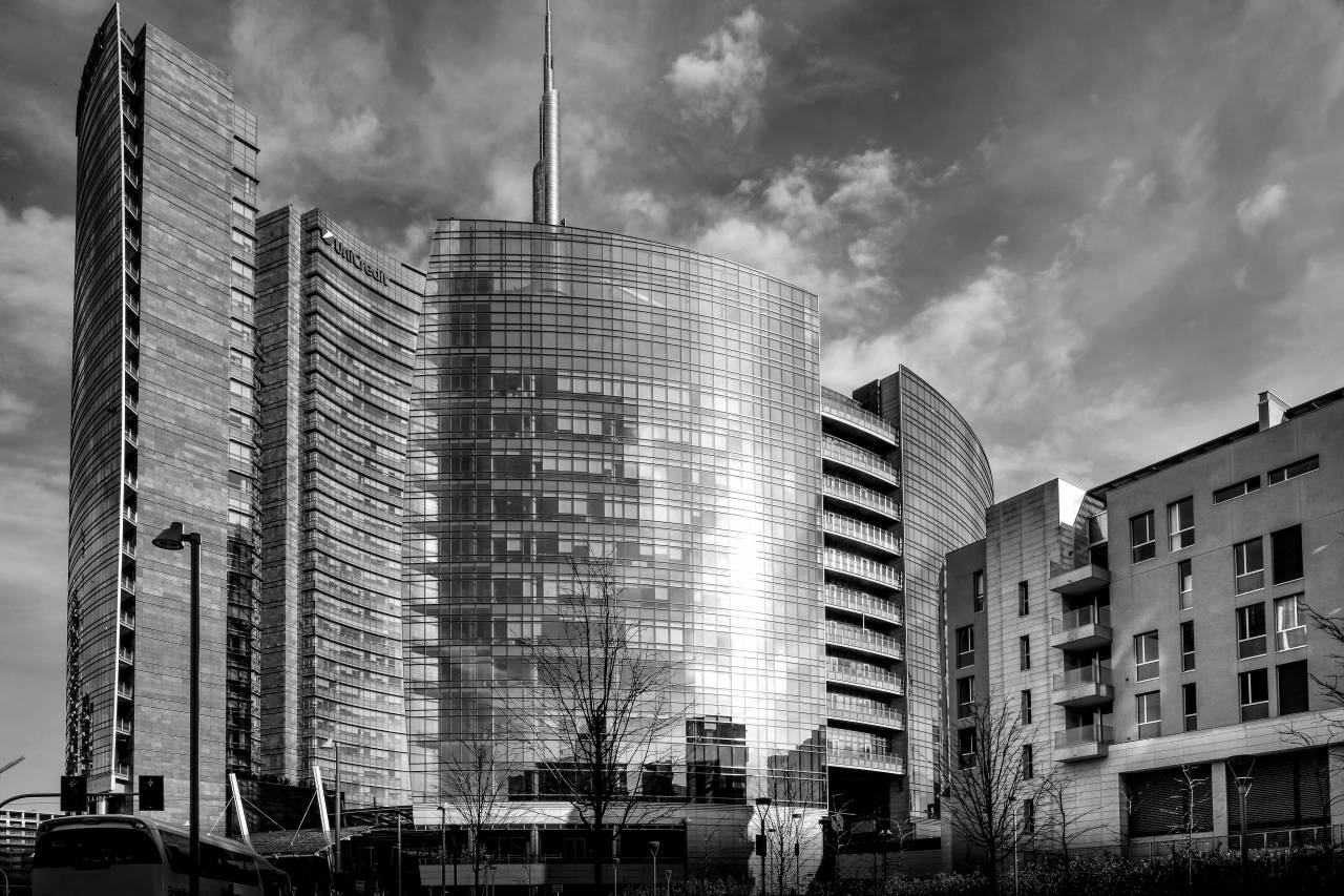 Buildings in Milan, Italy  — free black and white photo