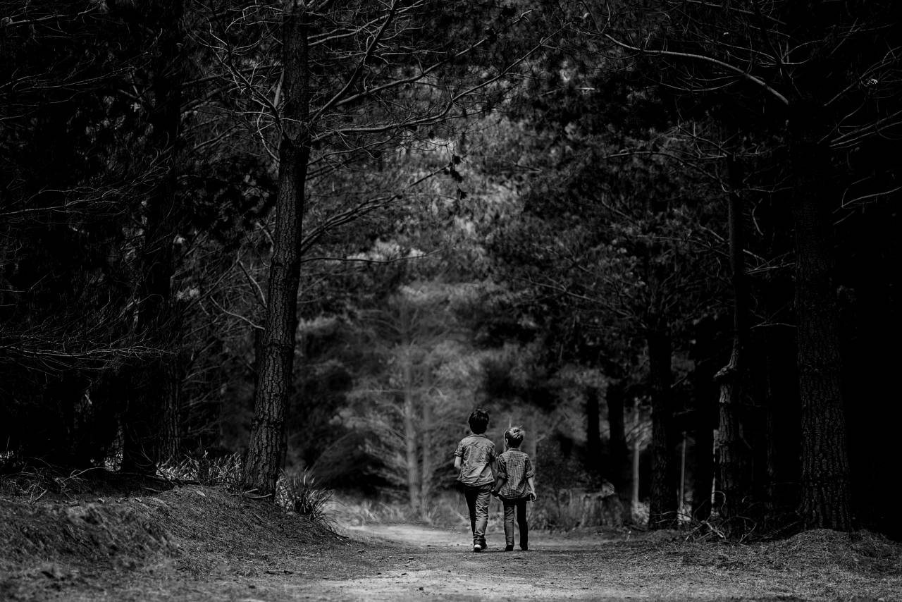 Boys Walking Forest Black White Free Stock Photo  — free black and white photo
