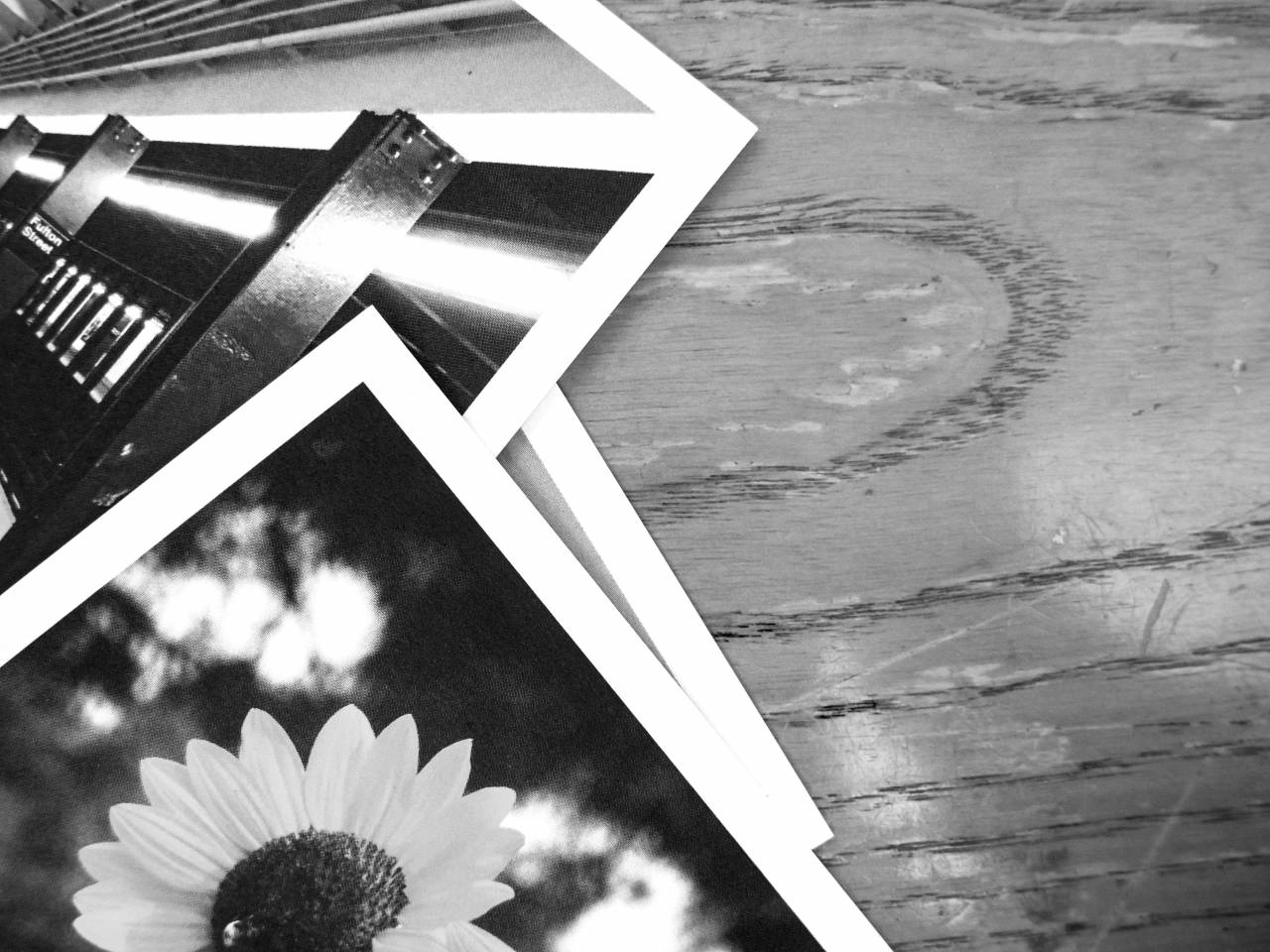 Stack Photos Polaroid Wood Desk Free Stock Photo  — free black and white photo