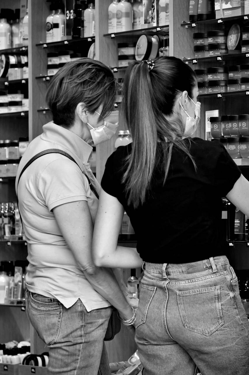 distance face social mask shopping isolation covid person shopper coronavirus lifestyle  — free black and white photo