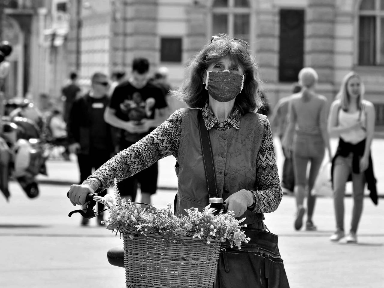 face crowd mask gloves gorgeous area protection infectious bicycle disease urban woman  — free black and white photo