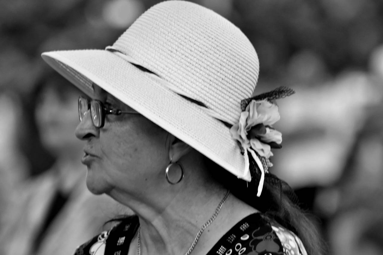 side woman hat eyeglasses person veil clothing hearing open competition  aids — free black and white photo
