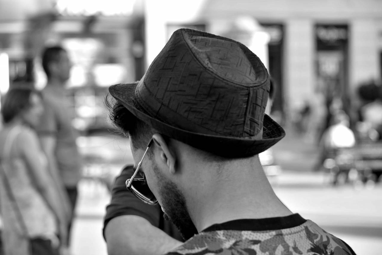 sunglasses hat clothing street urban portrait  — free black and white photo