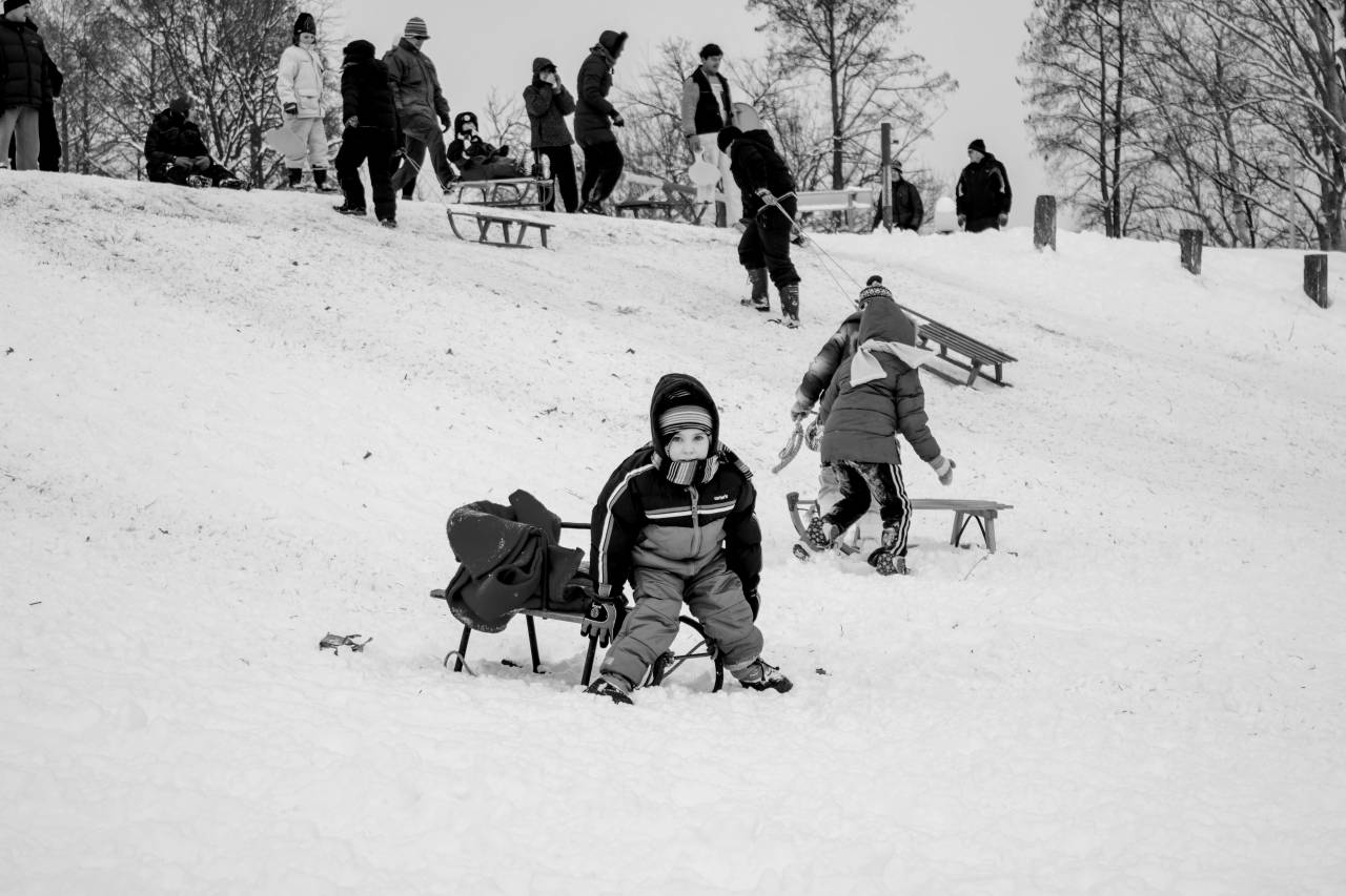 children downhill playground sled childhood slope cold snow mountain winter  — free black and white photo