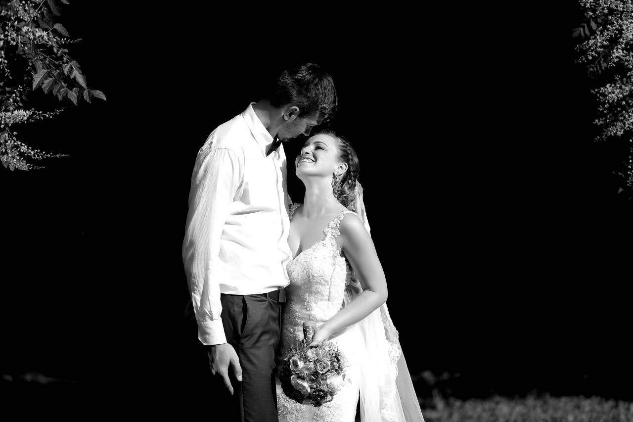 dress smiling groom shadow couple embrace bride wedding forest  — free black and white photo