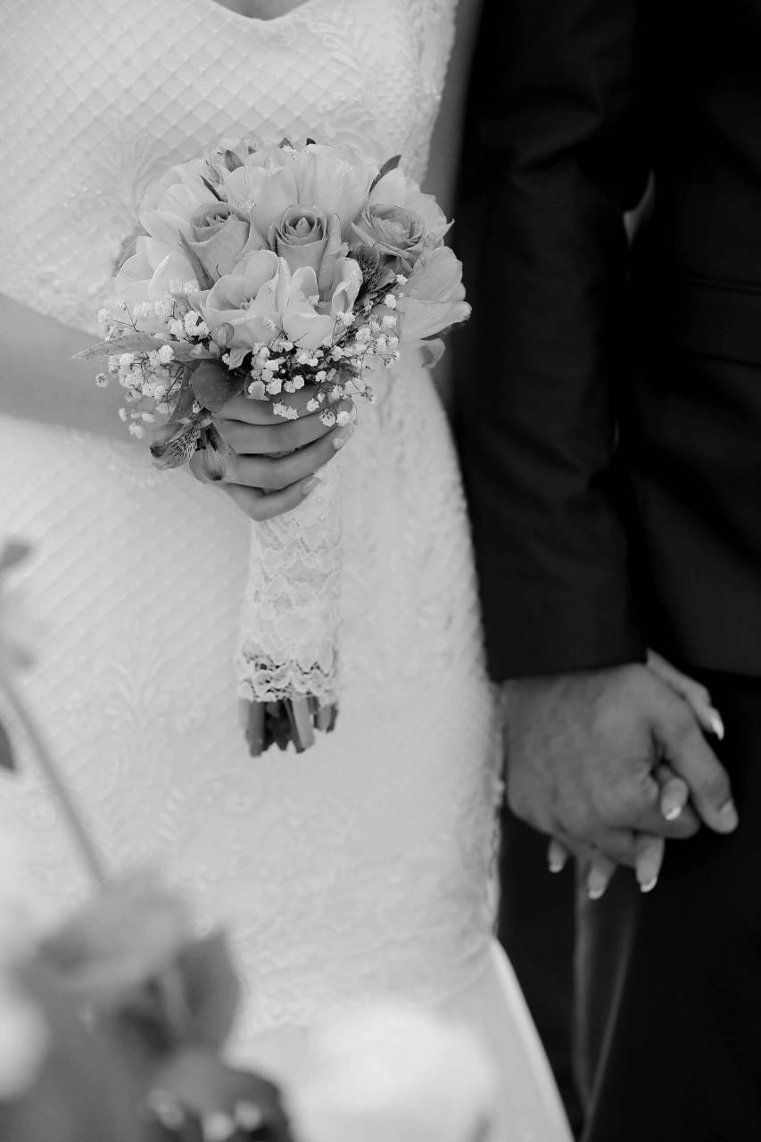 flowers groom bouquet bride hands marriage engagement event — free black and white photo