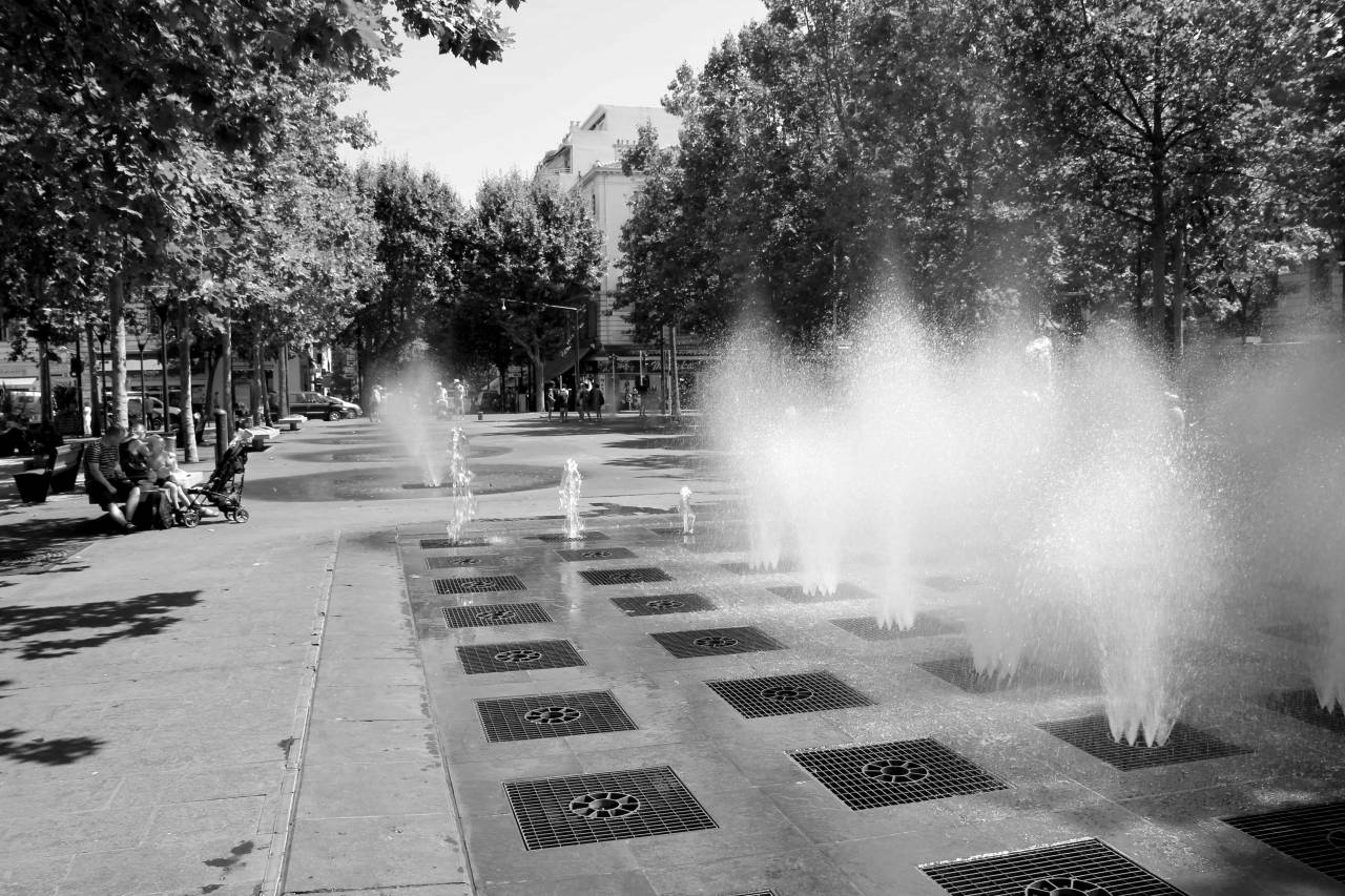 fountain water park landscape tree tourist attraction structure street  — free black and white photo