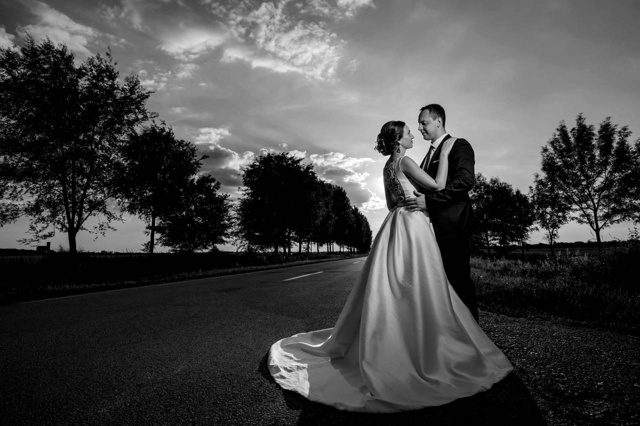 groom bride evening marriage married road dress wedding — free black and white photo