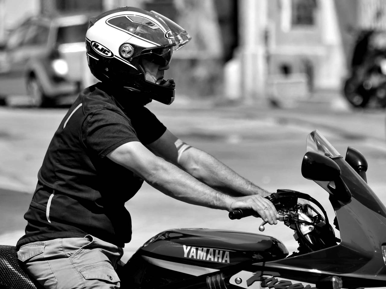 helmet motorbike side motorcycle portrait motorcyclist bike urban area street vehicle kb — free black and white photo