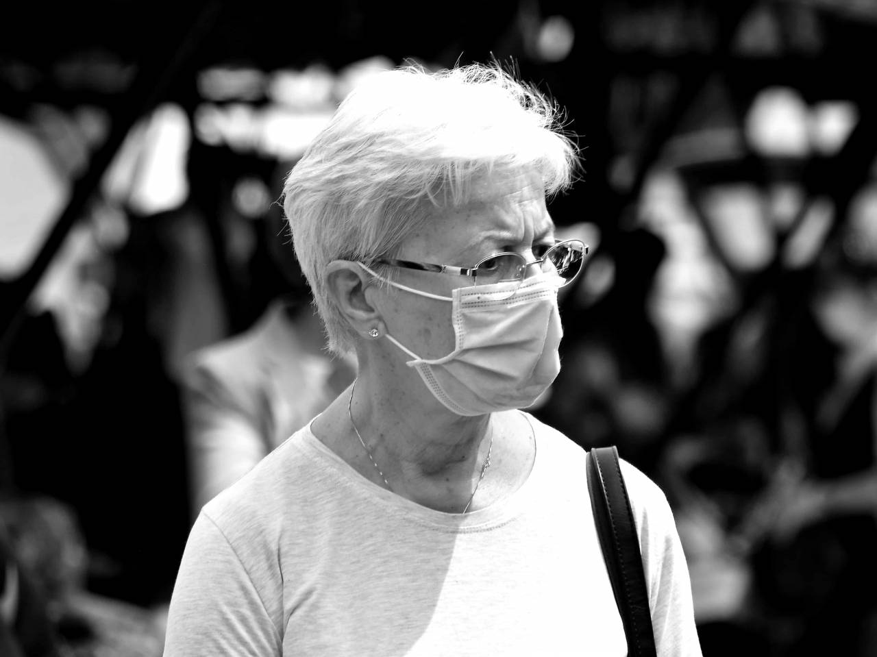 mask face coronavirus eyeglasses hygiene disease infectious protection marketplace portrait woman — free black and white photo