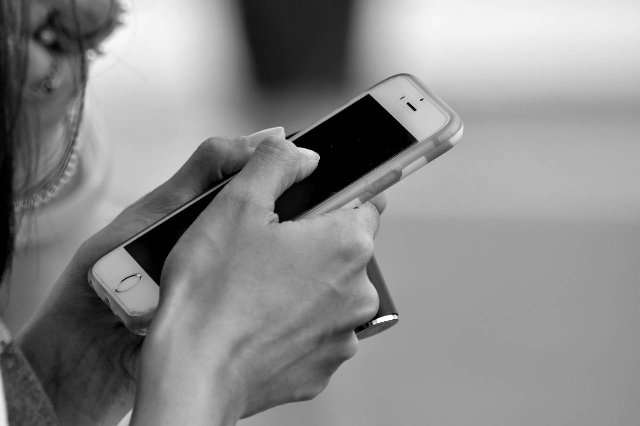 phone mobile touch woman telephone hands skin connection technology — free black and white photo