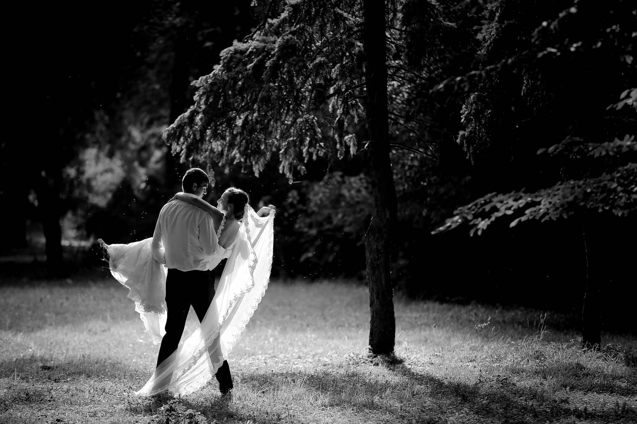 spectacular groom moment bride dress wedding grass forest equipment  — free black and white photo