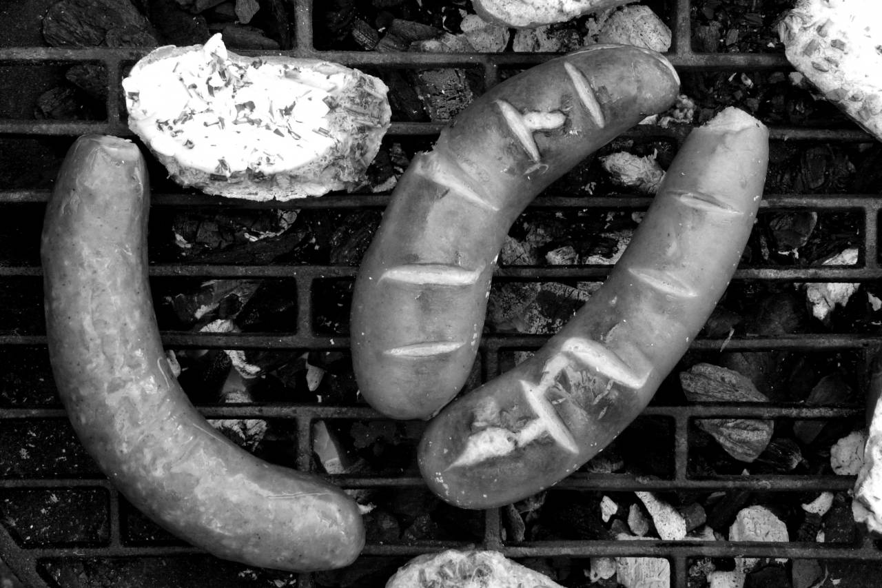 Barbecue Sausages & Bread  — free black and white photo