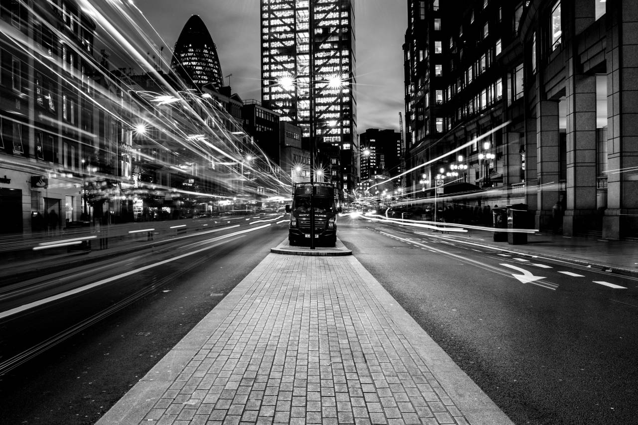 London Light Trails Night  — free black and white photo