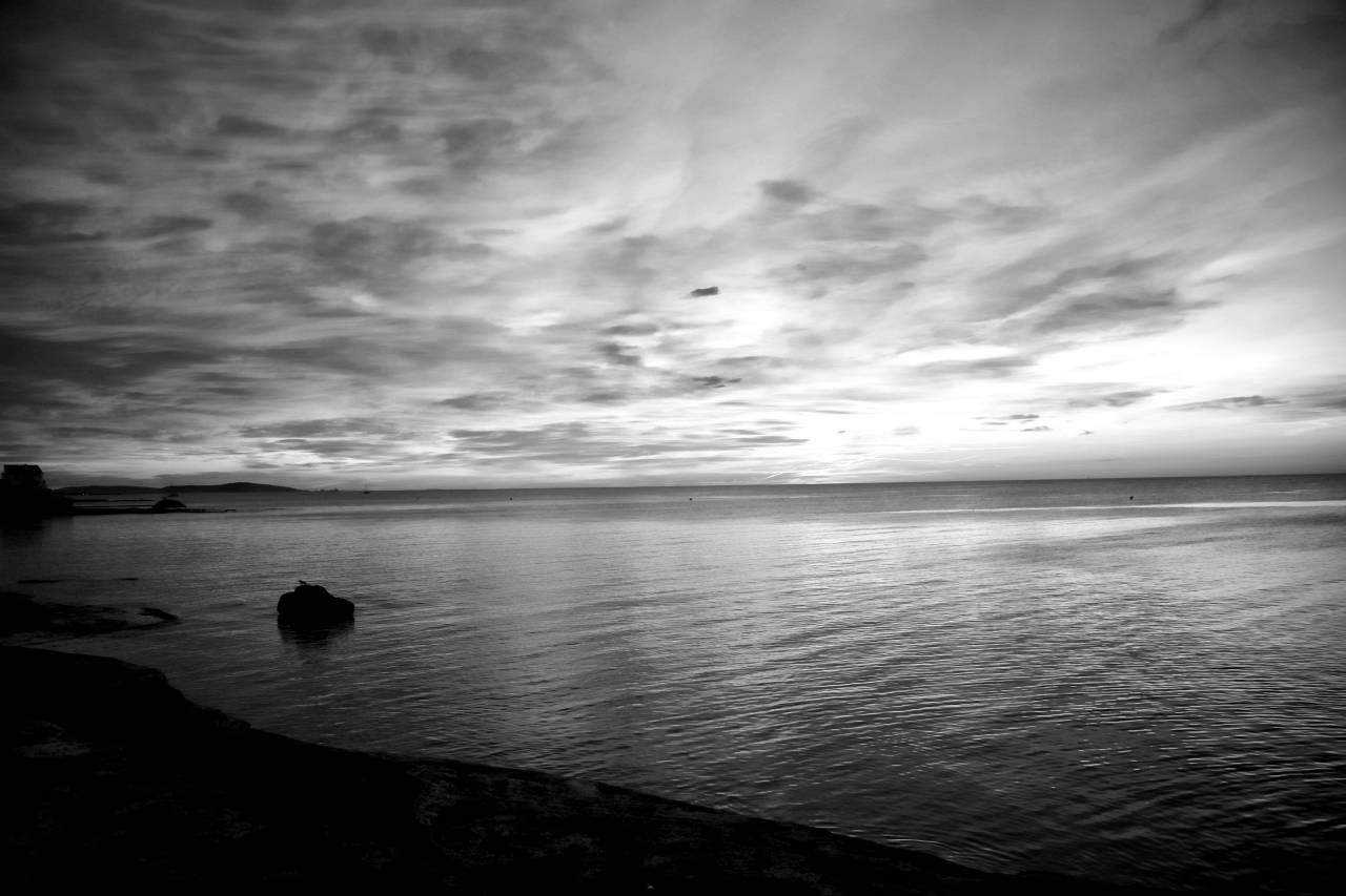   beach  sea  coast  ocean  horizon  cloud  — free black and white photo