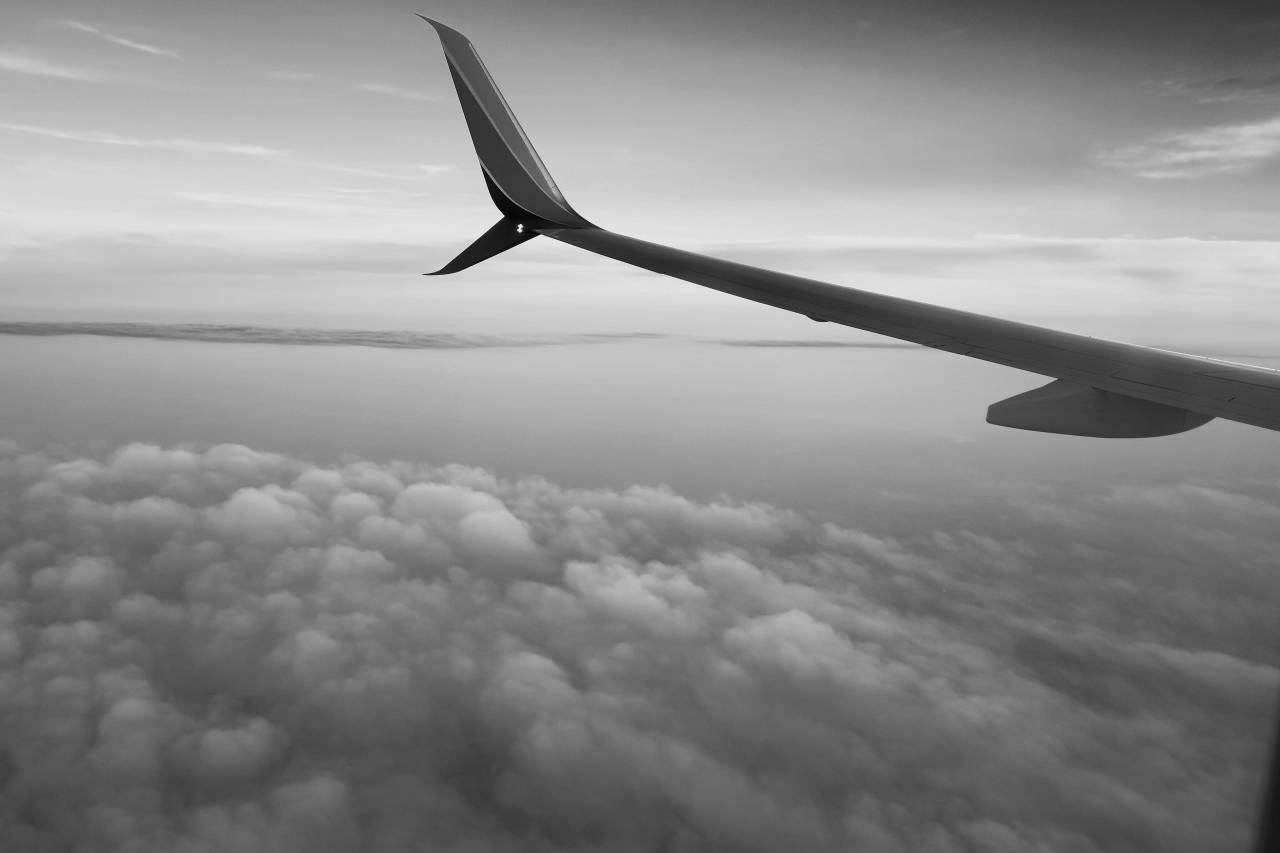   wing  cloud  sky  sunrise  sunset  airplane  — free black and white photo