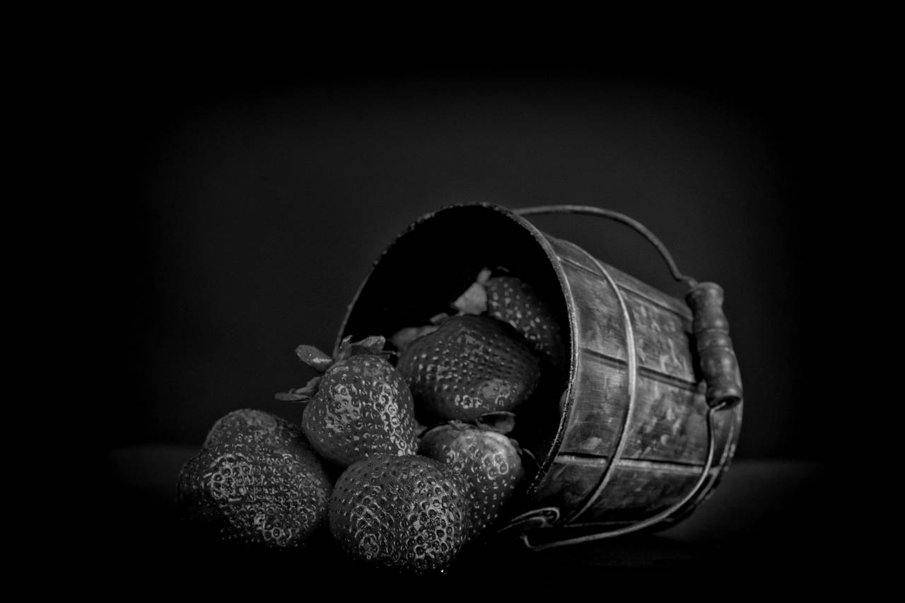   still life photography  strawberries  — free black and white photo