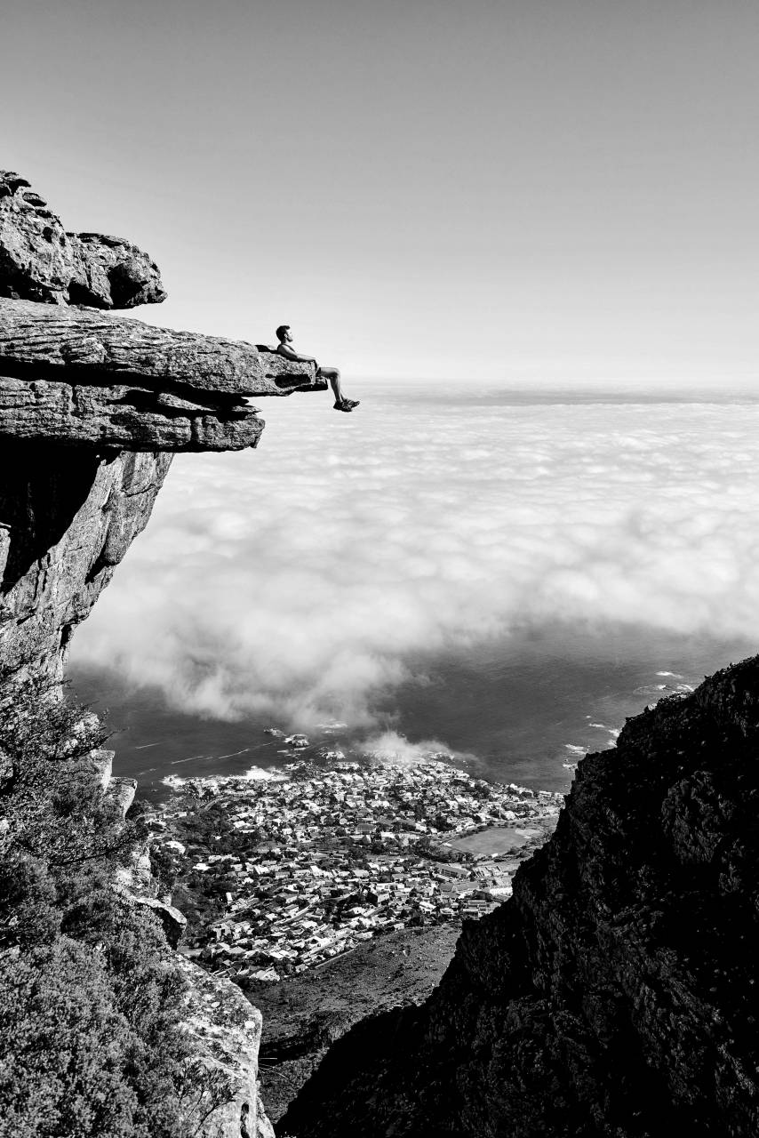   beautiful  cliff  clouds  daredevil  high  — free black and white photo