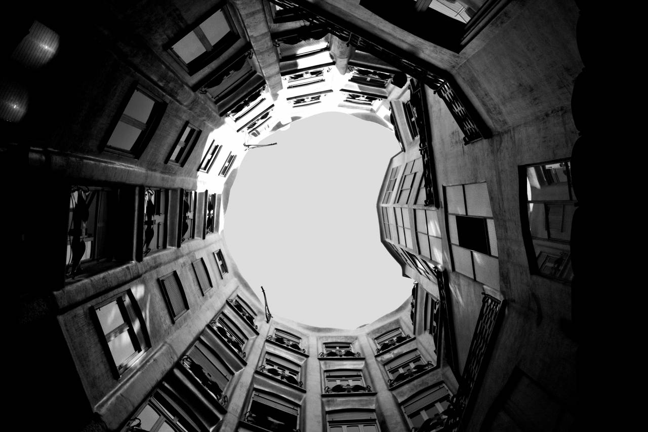 Casa Mila Interior, Barcelona Royalty- and ... — free black and white photo