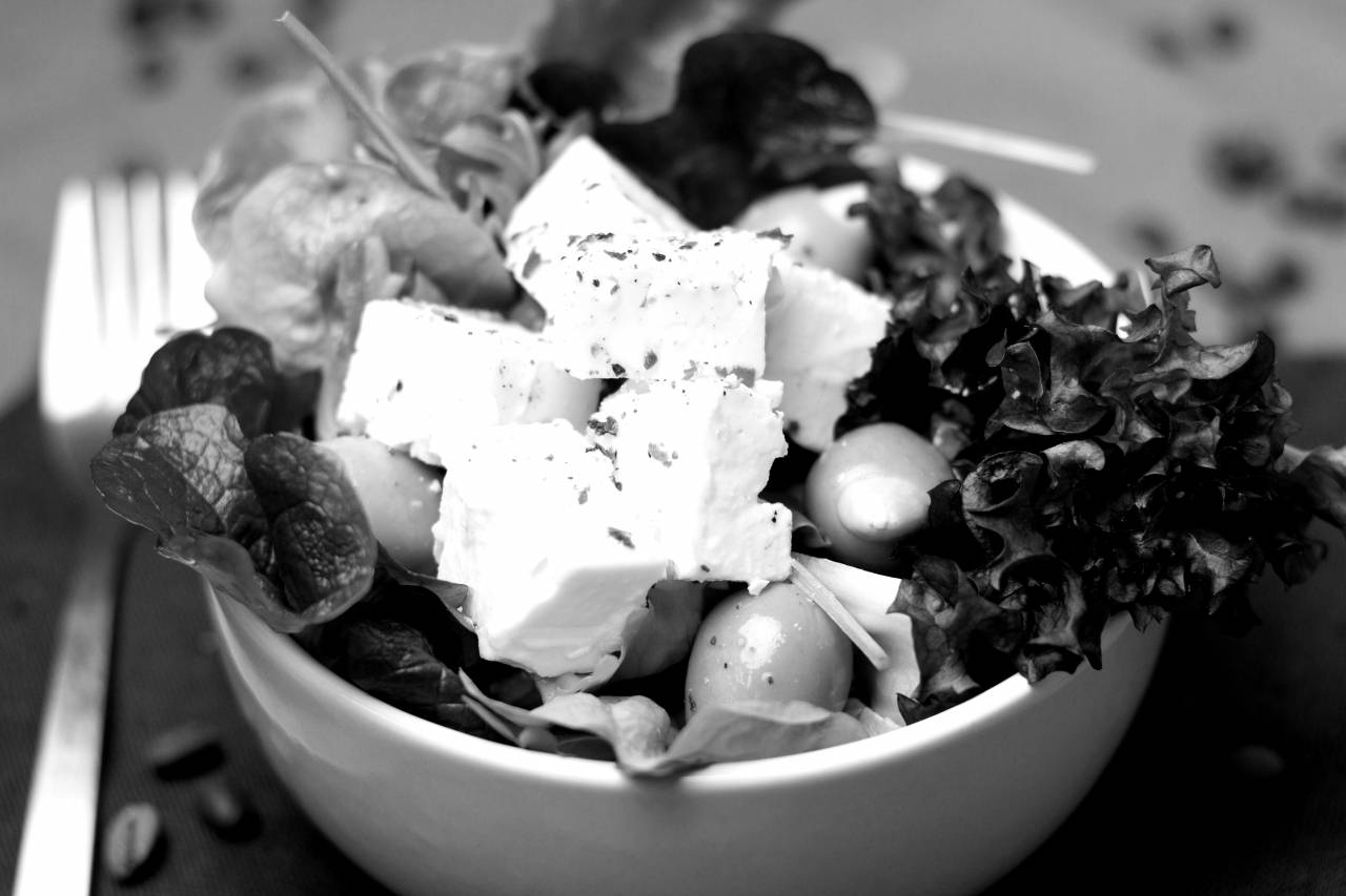 Salad Bowl with Feta Cheese  — free black and white photo