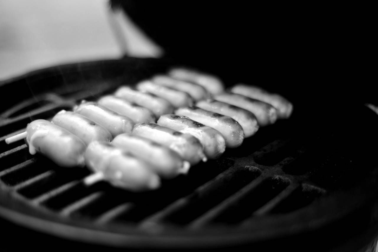 Sausages on Barbecue Grill  — free black and white photo