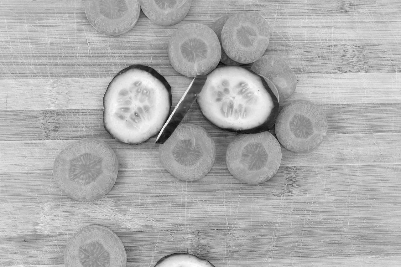 cucumber carrot table slices kitchen wood fruit culinary wooden board health  carrots — free black and white photo