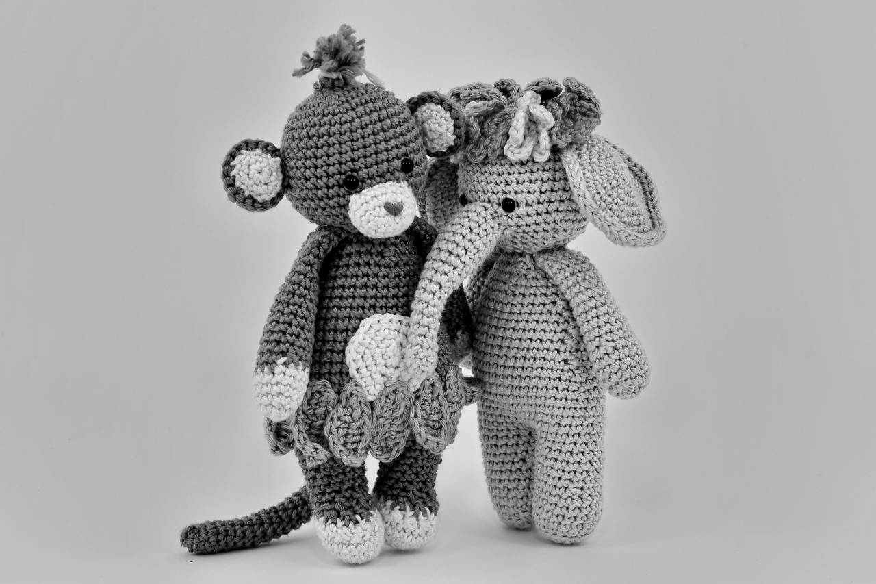 elephant monkey teddy colorful homemade gifts toy doll bear toys cute — free black and white photo