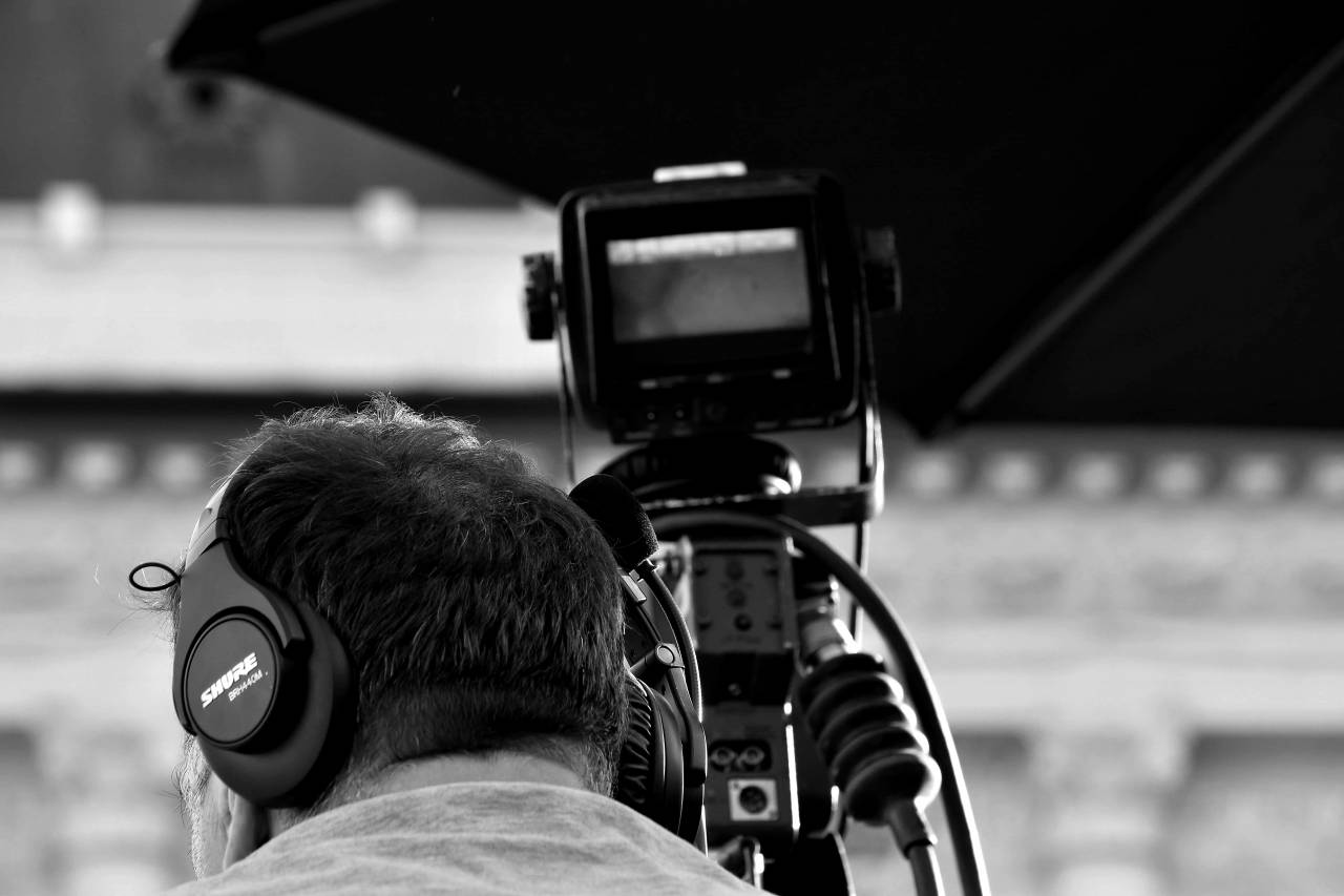equipment lens photographer camera technology tripod recording television landscape  — free black and white photo