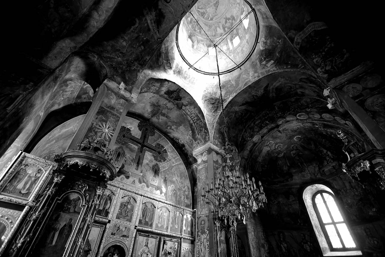 monastery medieval interior orthodox icon altar serbia architecture church inside  — free black and white photo