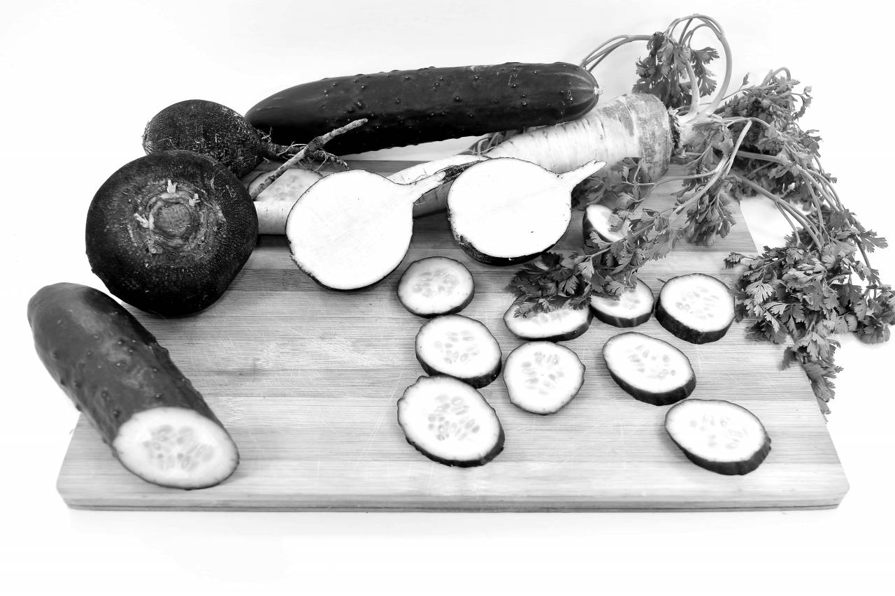 parsley cucumber radish vegetable food meal leaf healthy nature health — free black and white photo