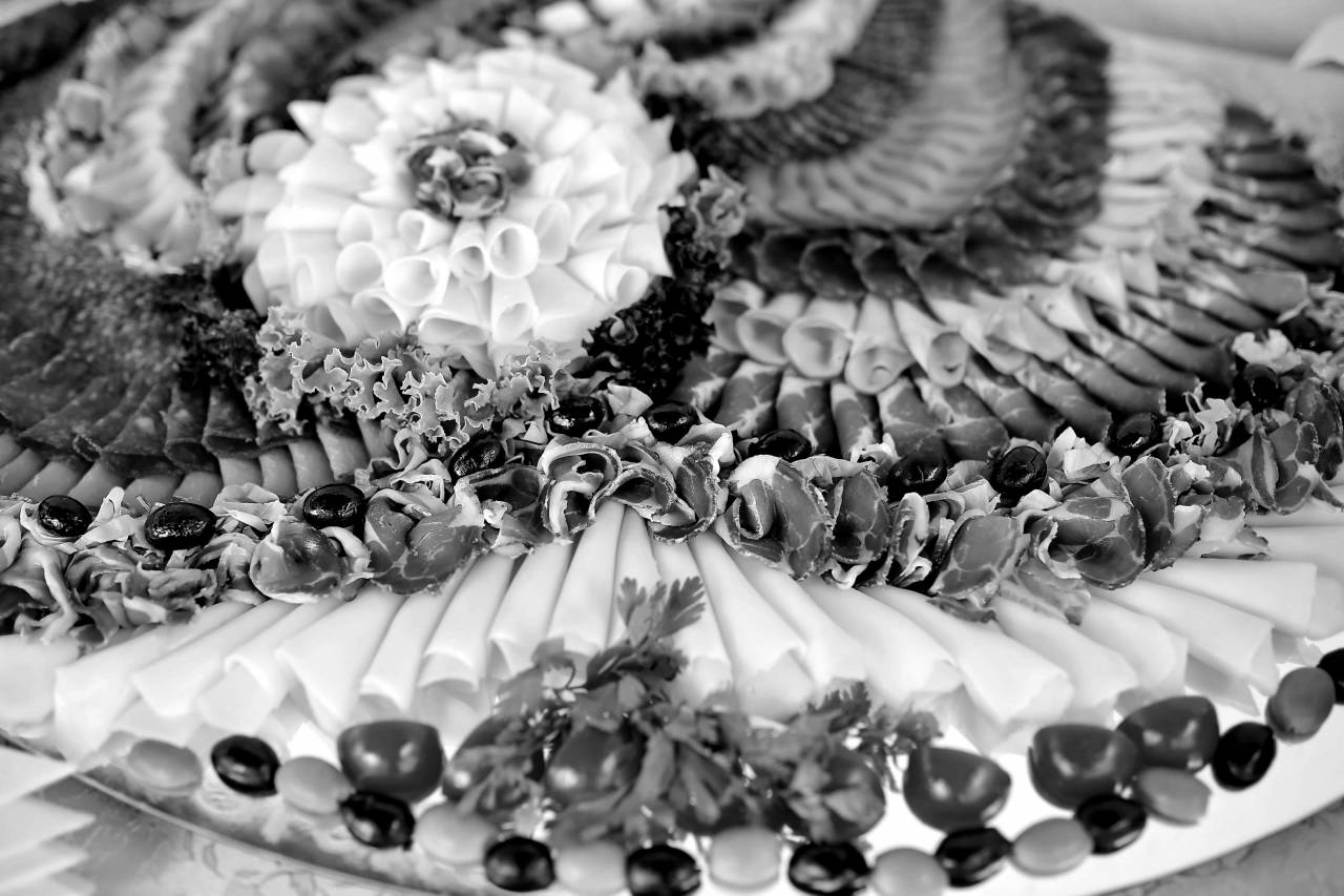 salami olive appetizer snack salad lettuce ham delicious cheese healthy  buffet baked goods dinner homemade — free black and white photo