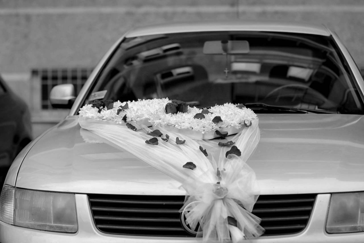 arrangement windshield decoration automobile automotive bride vehicle luxury  — free black and white photo