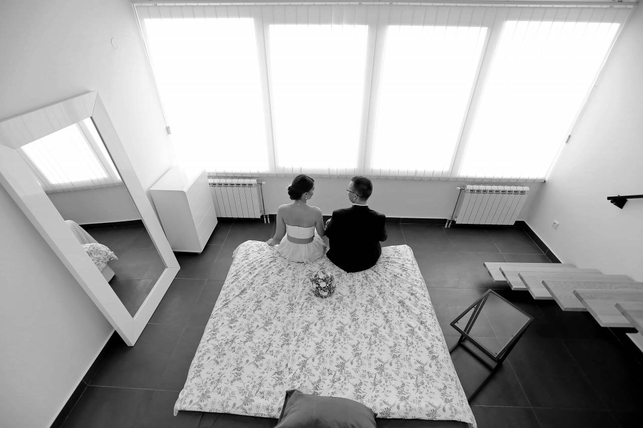 bedroom wife bed husband apartment interior furniture comfortable — free black and white photo