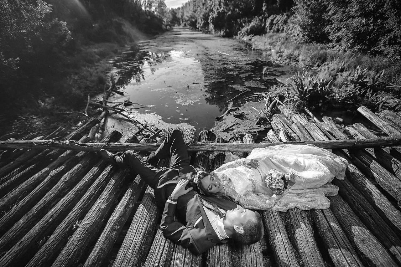 bridge wooden swamp bride professional wedding photography groom wood water  — free black and white photo