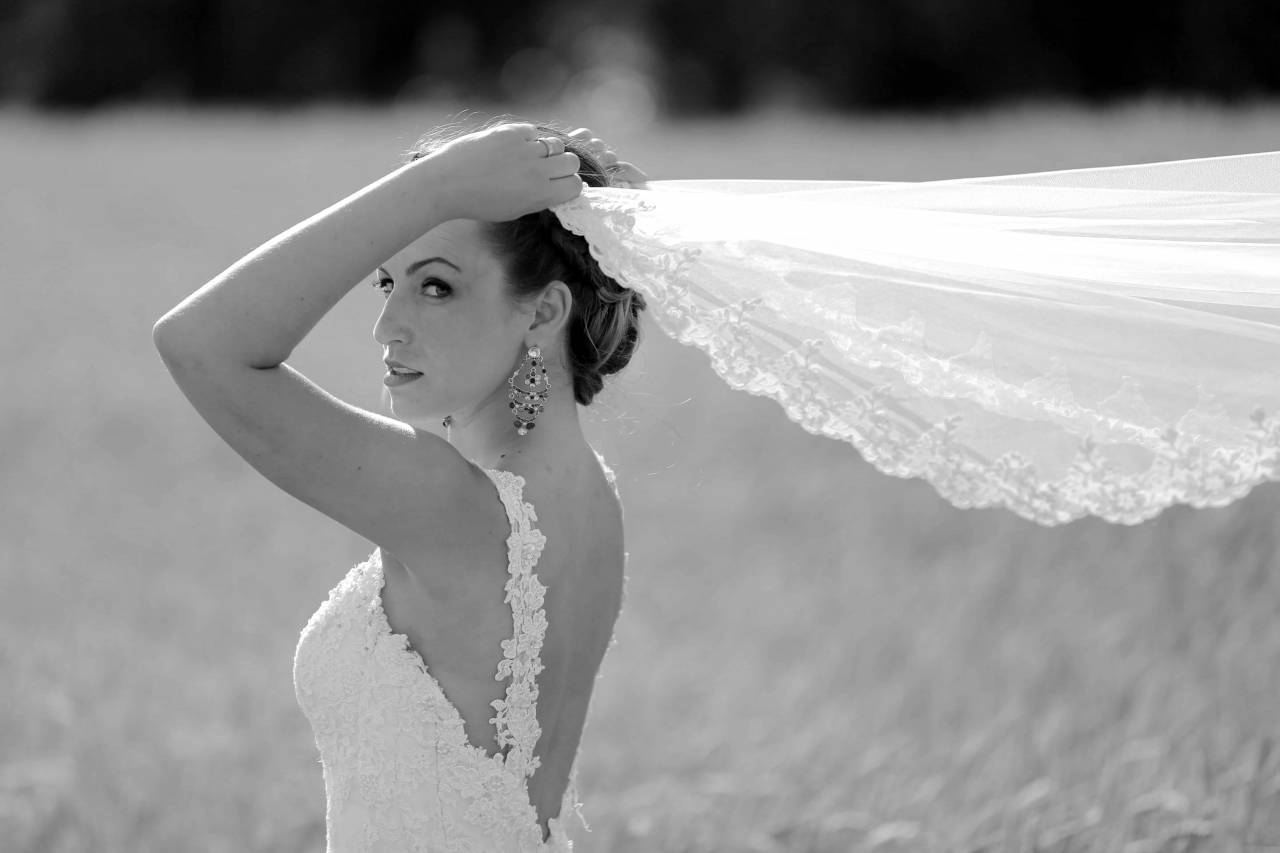 dress pretty bride looking wedding veil arms gorgeous cheerful shoulder — free black and white photo