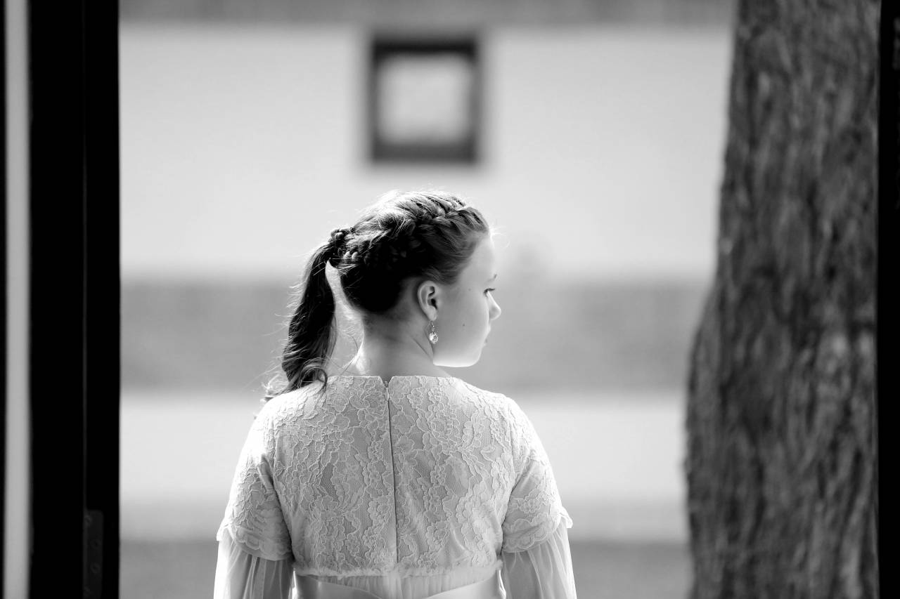 hairstyle princess outfit dress outdoors person park wedding  — free black and white photo
