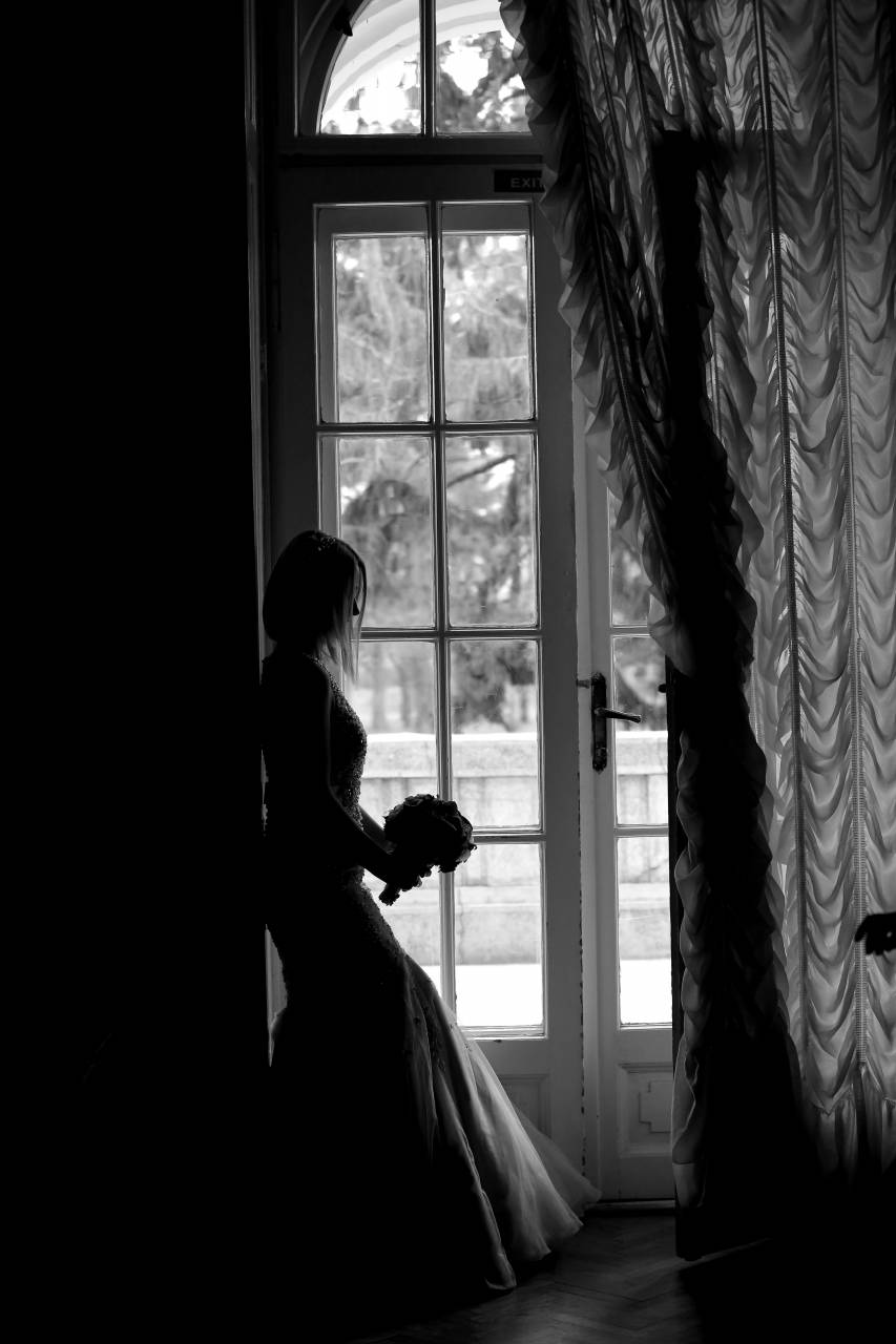 pretty alone wedding dress shadow curtain bride think bouquet attractive  — free black and white photo