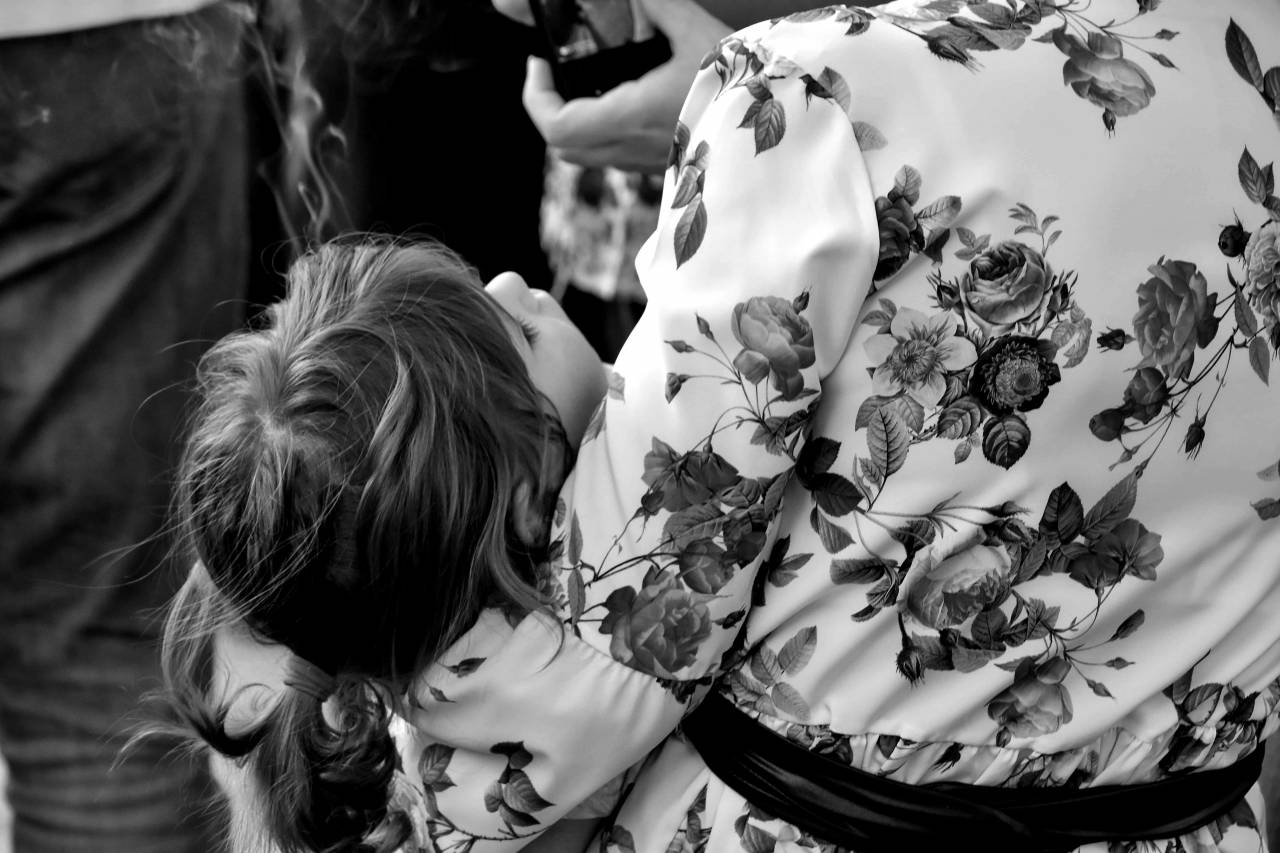 sleeping daughter flower woman nature motherhood child — free black and white photo