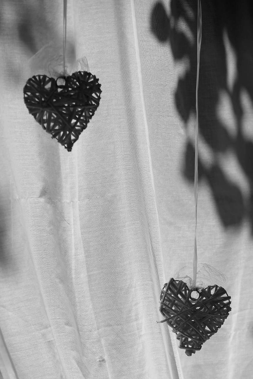 valentine hanging curtain romance hearts shadow rope handmade  — free black and white photo