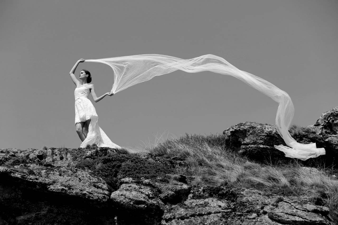 veil wind bride hill slope ascent mountain  — free black and white photo