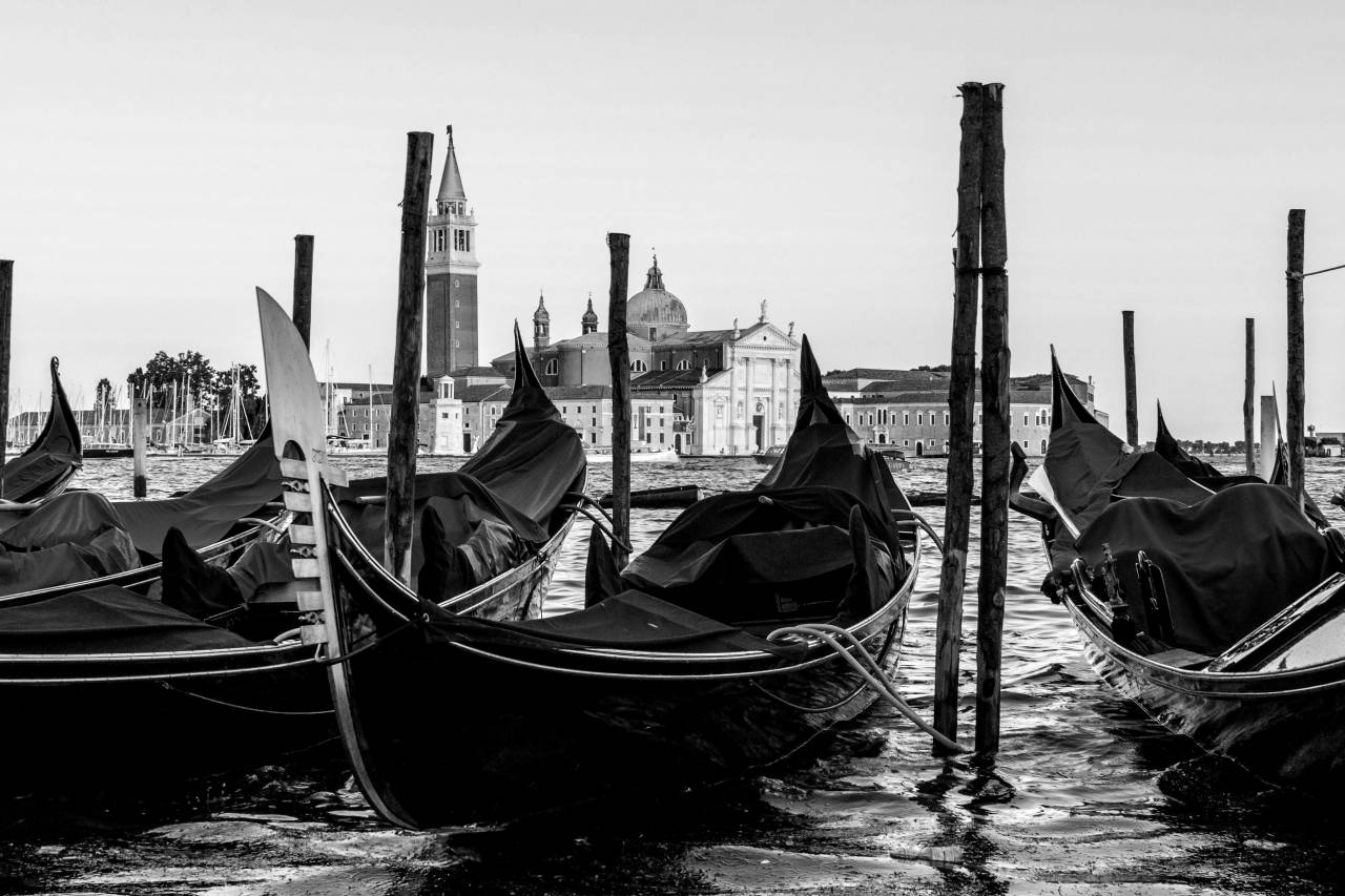 Gondolas in Venice, Italy  — free black and white photo