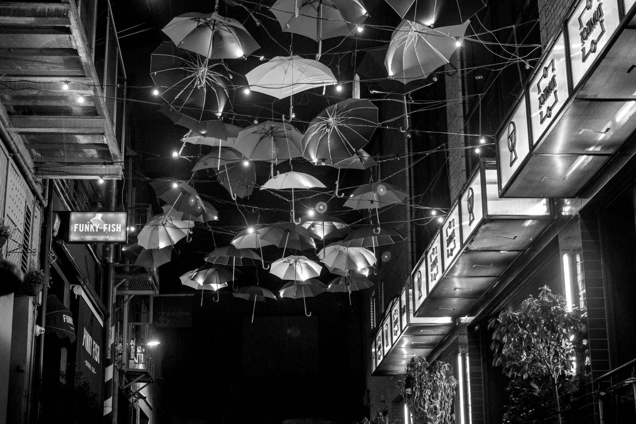 Umbrellas Floating In The Sky Royalty- and ... — free black and white photo