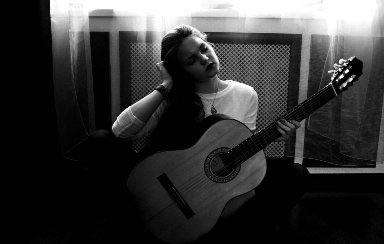   acoustic guitar  string instrument  musical  — free black and white photo