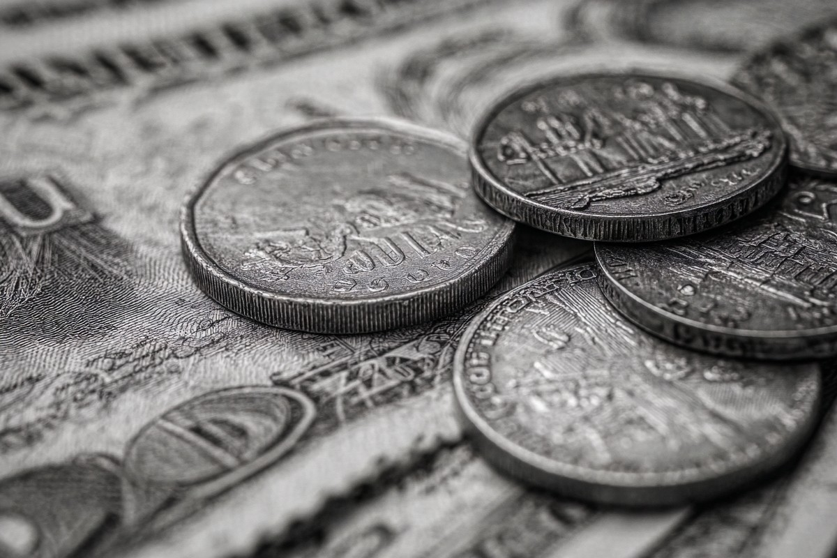 abstract composition of coins and paper money macro detail fo — free black and white photo