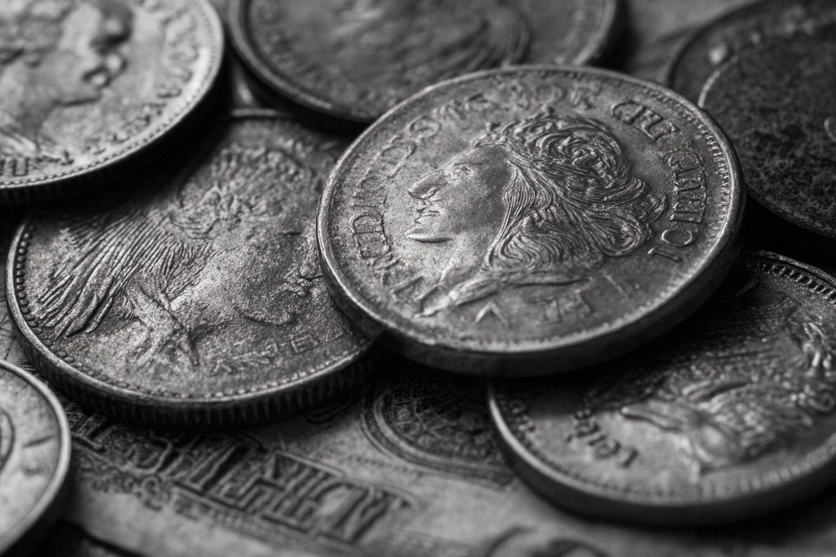 abstract composition of coins and paper money macro detail fo — free black and white photo