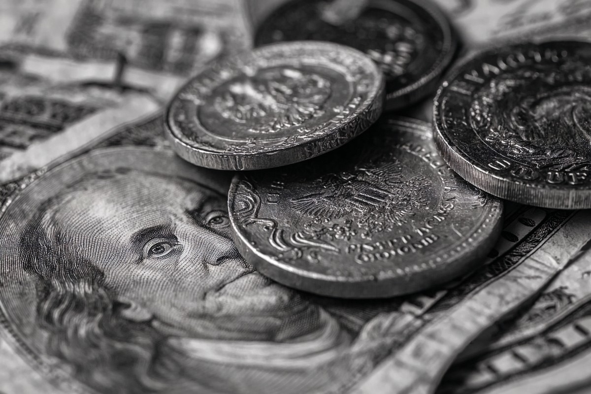 abstract composition of coins and paper money macro detail fo — free black and white photo