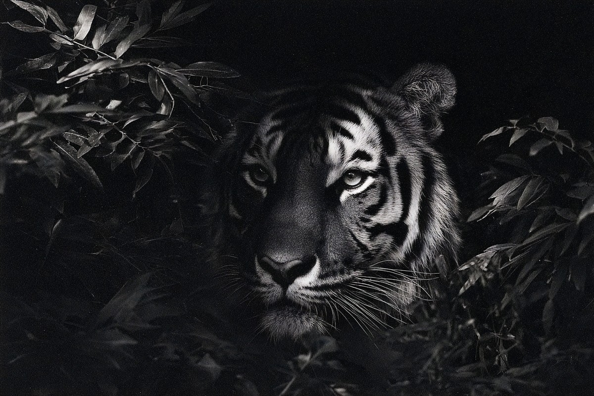 animals a intense tiger emerging from dark jungle foliage dap — free black and white photo