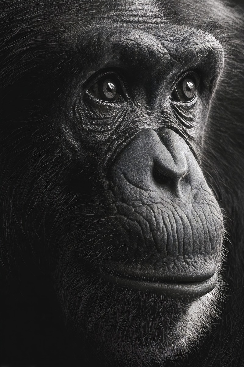 animals intimate portrait of a chimpanzee face deep wrinkles — free black and white photo